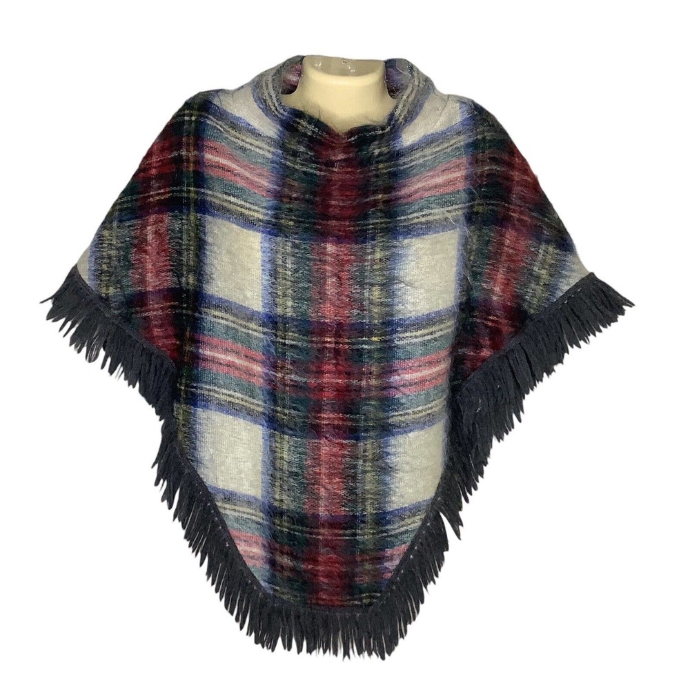 Vintage Poncho OS Mohair Wool Red Plaid 60s 70s Scotland Fuzzy Fringe Deadstock